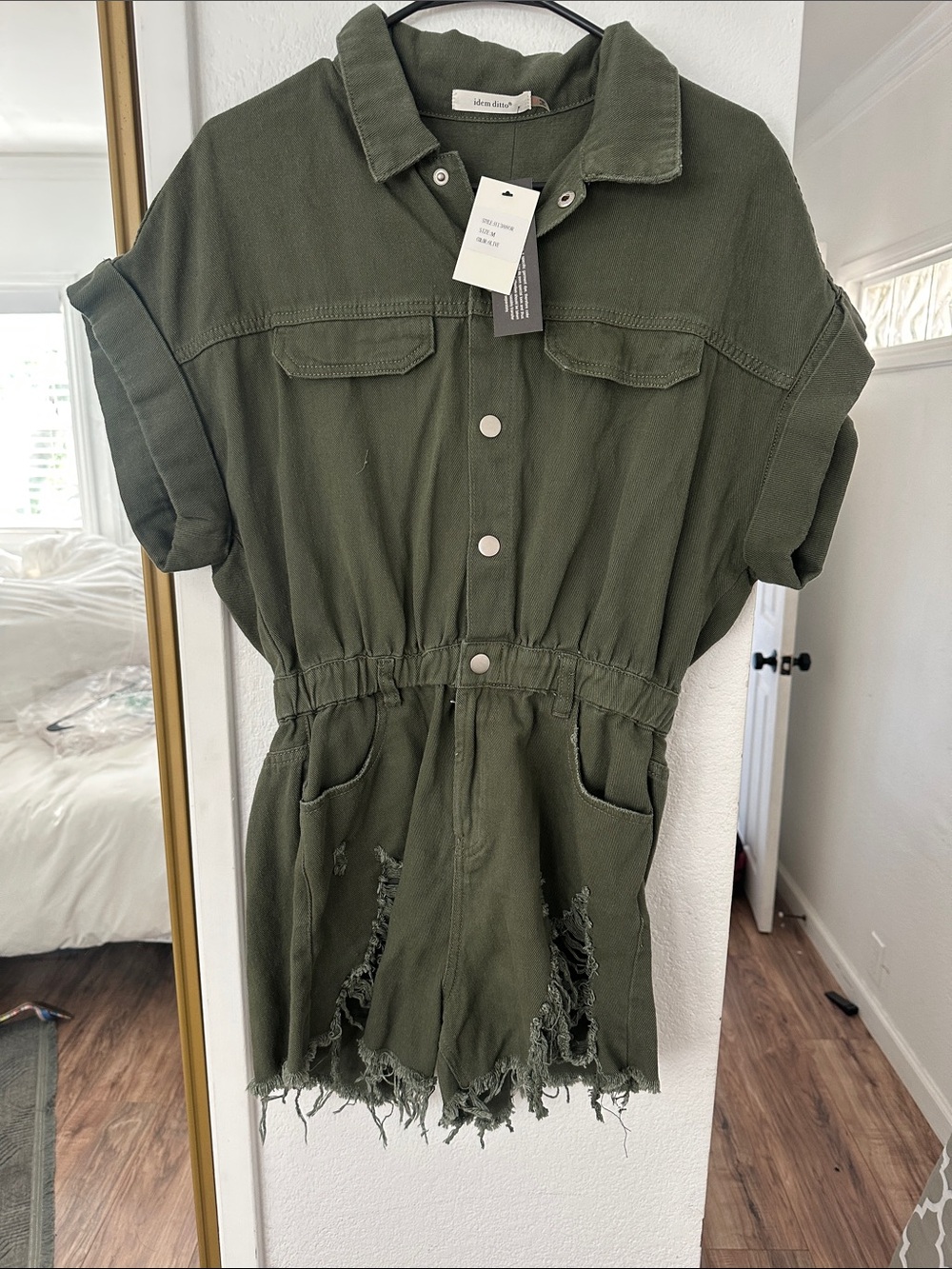 Utility Olive Green Romper with Distressed Hem